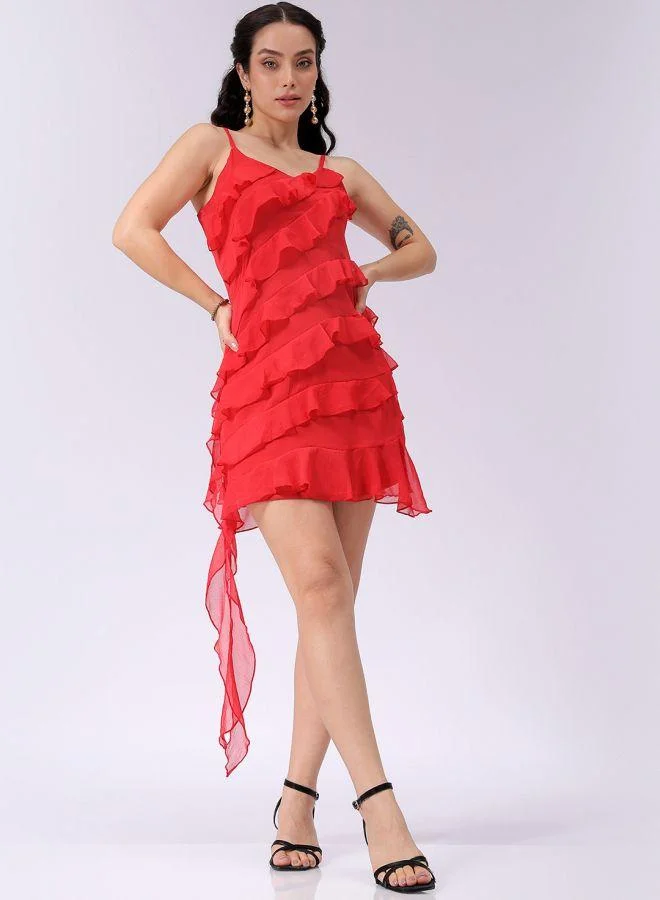 Women Fitted Party Wear Solid Ruffle Dress