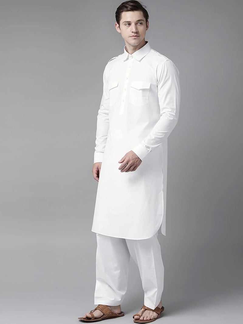 See Designs Men's Solid Cotton Curved Hemline Pathani Kurta with Salwar | SDKT601L - Image 3