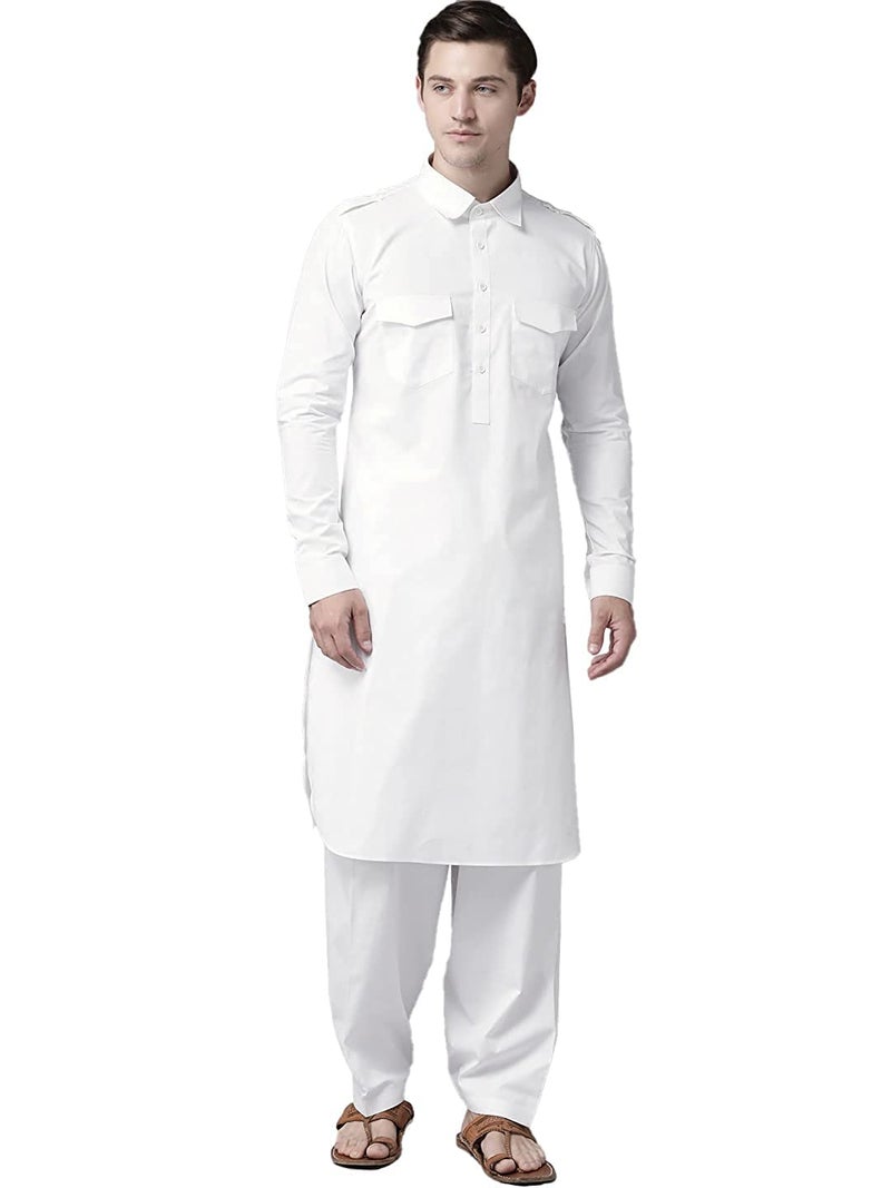 See Designs Men's Solid Cotton Curved Hemline Pathani Kurta with Salwar | SDKT601L - Image 1