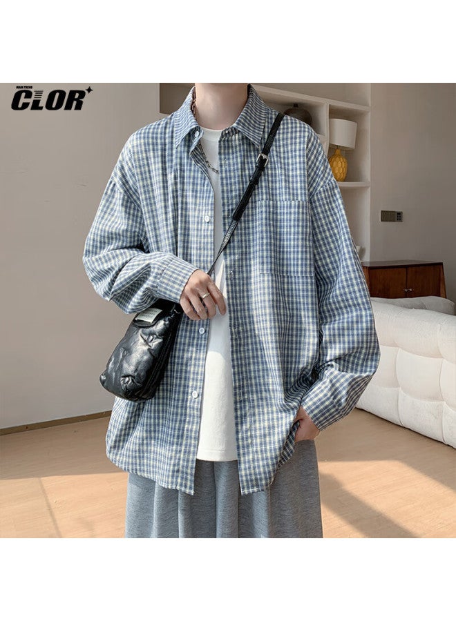 Clor Vintage Plaid Long Sleeve Shirt Men Spring Autumn Loose Casual Shirt Jacket Clcx13 Blue Plaid 3XL - Image 2