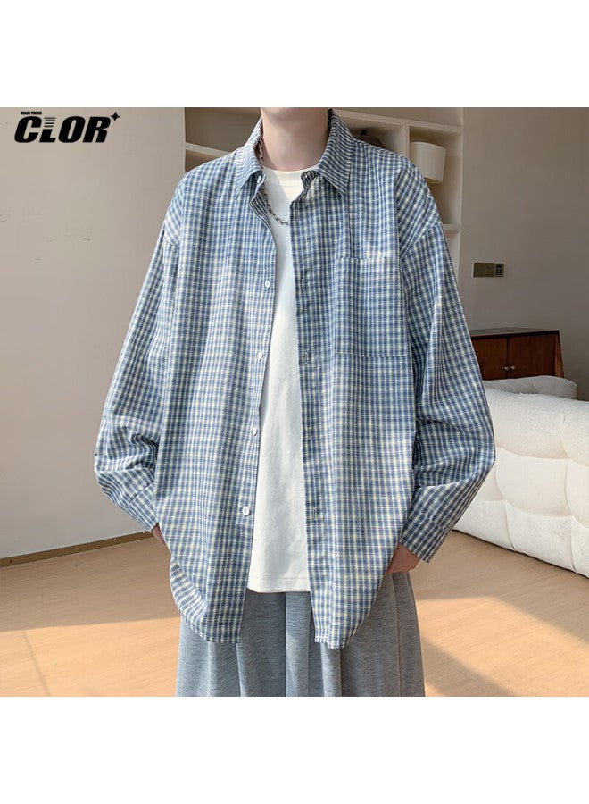 Clor Vintage Plaid Long Sleeve Shirt Men Spring Autumn Loose Casual Shirt Jacket Clcx13 Blue Plaid 3XL - Image 1