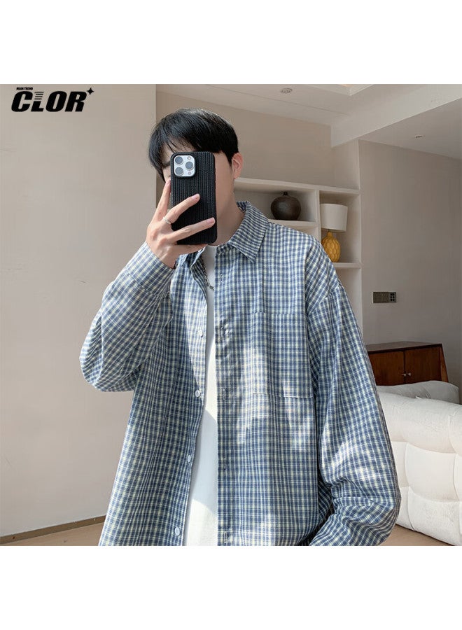 Clor Vintage Plaid Long Sleeve Shirt Men Spring Autumn Loose Casual Shirt Jacket Clcx13 Blue Plaid 3XL - Image 3