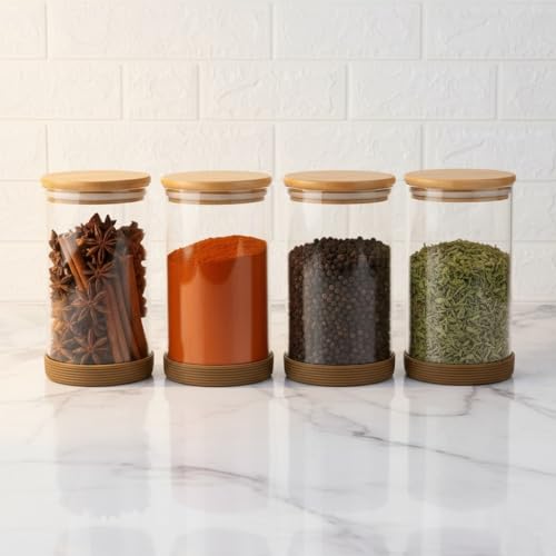Femora glass jars with wooden lid glass jar set food storage containers Borosilicate glass jar Set/Suit for Sugar, Tea, and Other Dry food storage(1000 Ml Jar, 4 Pcs, Transparent) - Image 1