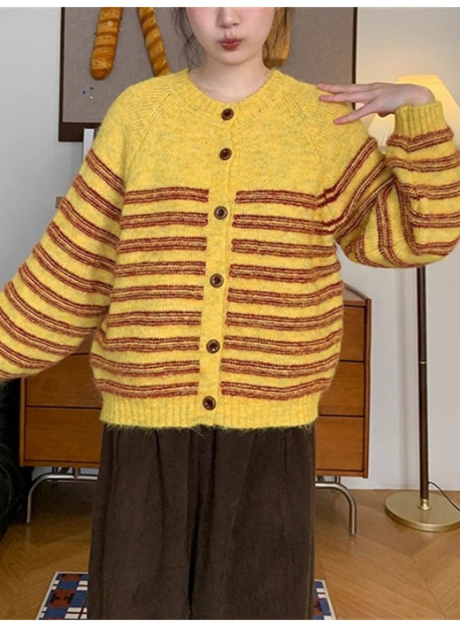 Leyuan Retro Autumn Winter Fashion Color Block Stripe Round Neck Knitted Cardigan Coat Soft Loose Lazy Women's Sweater - Image 2