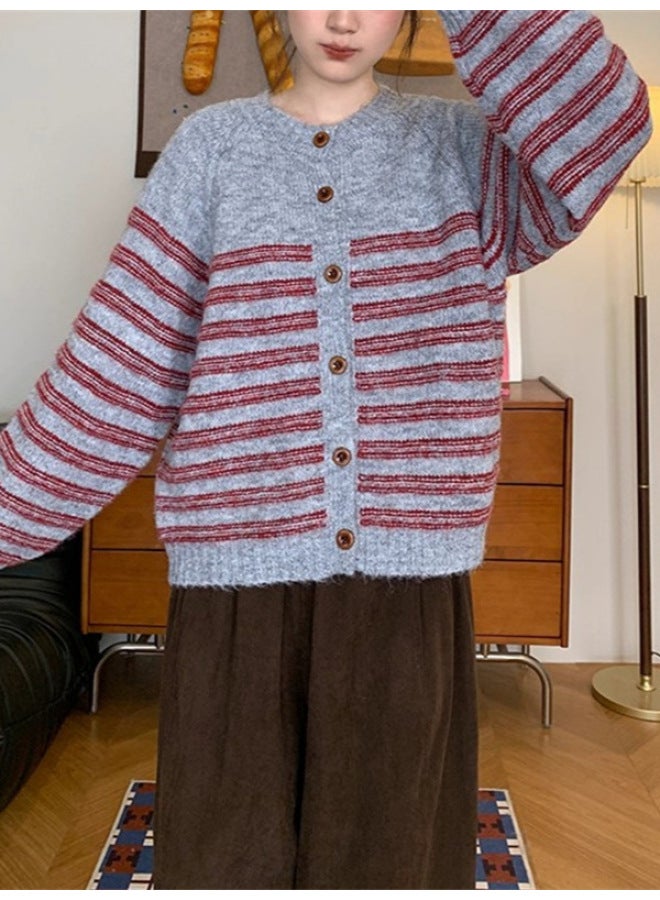 Leyuan Retro Autumn Winter Fashion Color Block Stripe Round Neck Knitted Cardigan Coat Soft Loose Lazy Women's Sweater - Image 3