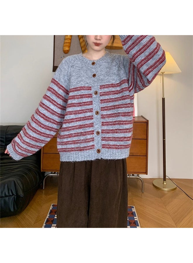 Leyuan Retro Autumn Winter Fashion Color Block Stripe Round Neck Knitted Cardigan Coat Soft Loose Lazy Women's Sweater - Image 1