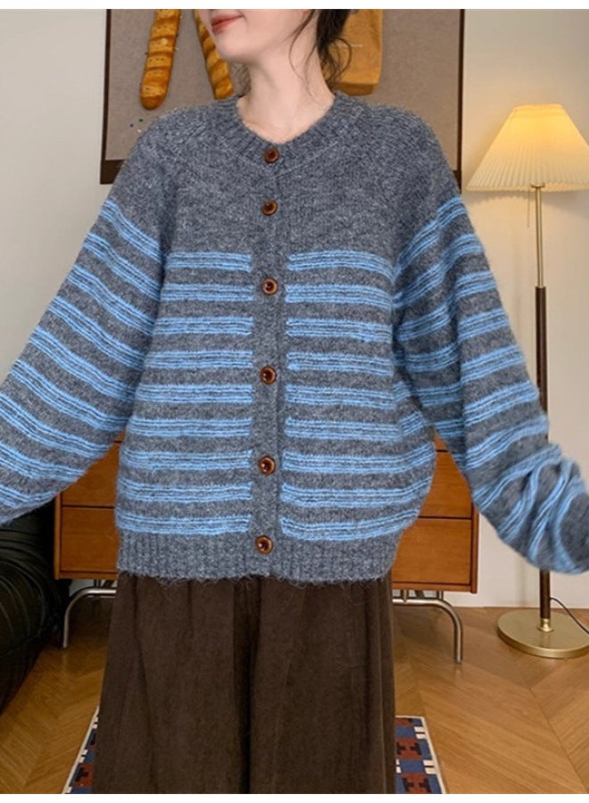Leyuan Retro Autumn Winter Fashion Color Block Stripe Round Neck Knitted Cardigan Coat Soft Loose Lazy Women's Sweater - Image 4