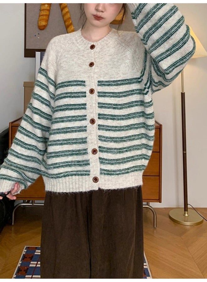 Leyuan Retro Autumn Winter Fashion Color Block Stripe Round Neck Knitted Cardigan Coat Soft Loose Lazy Women's Sweater - Image 5