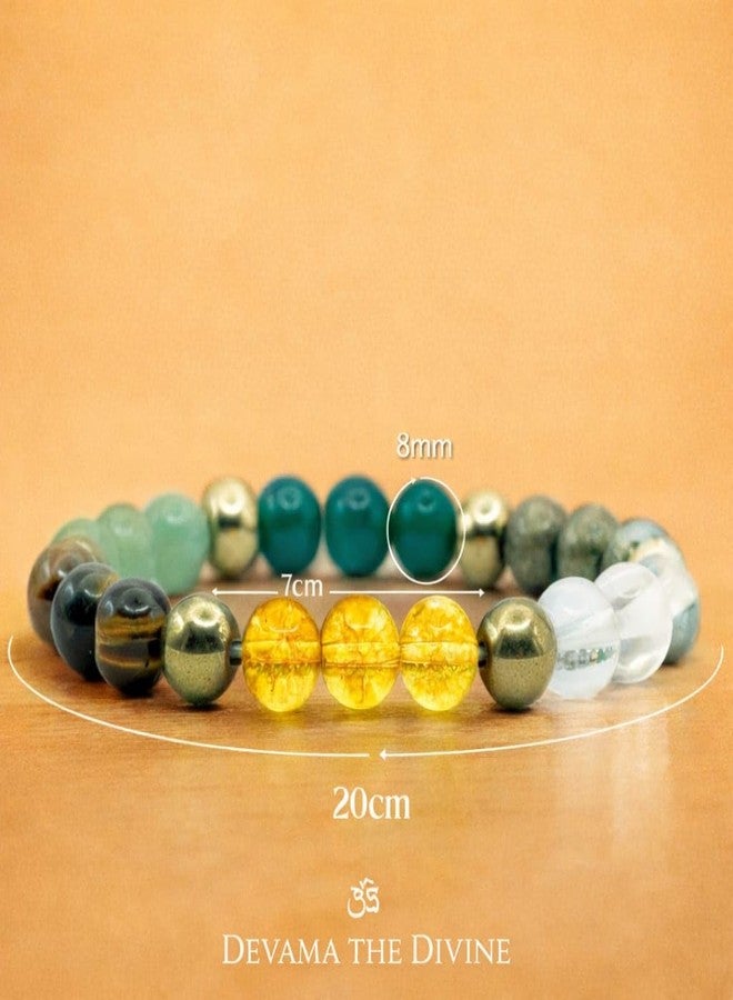Devama The Divine Dhan Yog Bracelet | Attracts Wealth & Financial Prosperity | Natural Citrine, Pyrite, Green Jade, Green Aventurine, Clear Quartz & Tiger Eye (8mm) Money Magnet Healing Jewelry | Astrology Dhanyog Bracelet for Men & Women | Certificate of Authenticity - Image 4