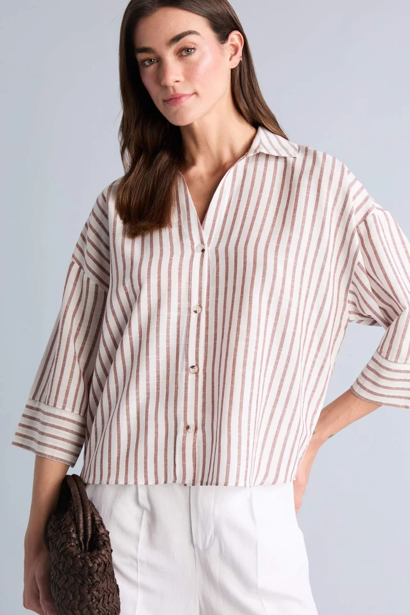 ديفاكتو Oversize Fit Flap Collar Linen Look Striped Long Sleeve Shirt