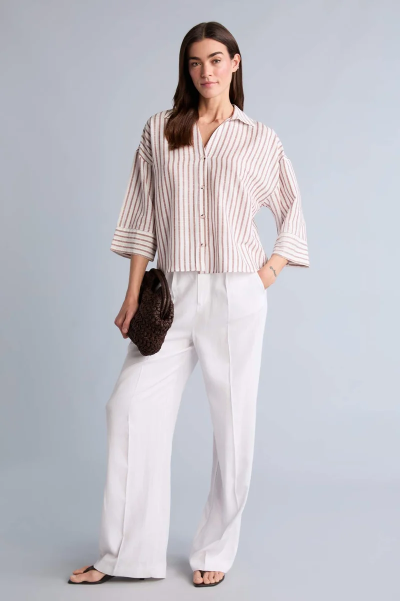 ديفاكتو Oversize Fit Flap Collar Linen Look Striped Long Sleeve Shirt