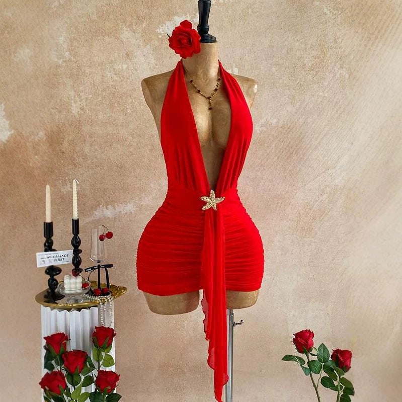 فستان نسائي عميق V بحمالة عنق بتصميم بوديكون مع زخرفة نجم البحر، أحمر - Image 4