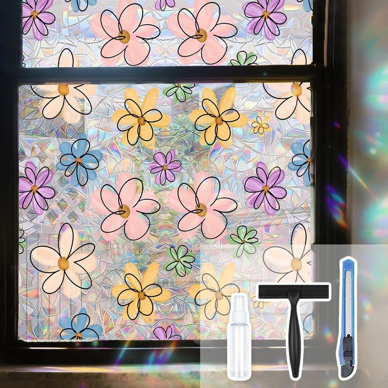 Ohhvvow Daisy Flower Stained Glass Window Film Static Cling with Tools - 17.5 x 78.7 Inch Non-Adhesive Privacy Decorative Cute Rainbow Film for Windows, Doors, Sidelights - Easy Install & Remove - Image 1