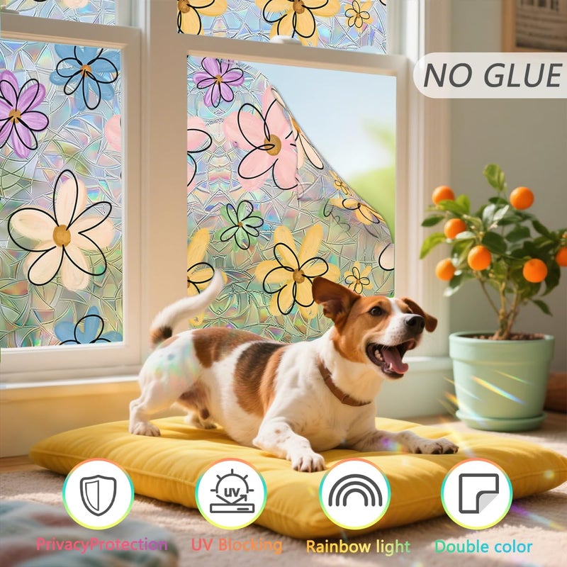 Ohhvvow Daisy Flower Stained Glass Window Film Static Cling with Tools - 17.5 x 78.7 Inch Non-Adhesive Privacy Decorative Cute Rainbow Film for Windows, Doors, Sidelights - Easy Install & Remove - Image 3