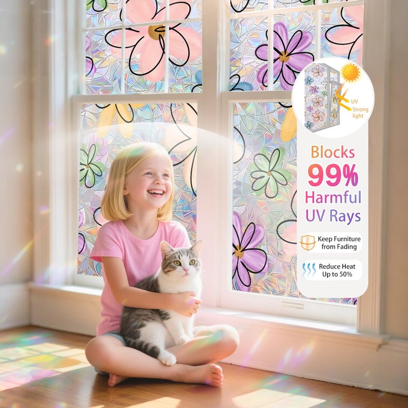 Ohhvvow Daisy Flower Stained Glass Window Film Static Cling with Tools - 17.5 x 78.7 Inch Non-Adhesive Privacy Decorative Cute Rainbow Film for Windows, Doors, Sidelights - Easy Install & Remove - Image 5