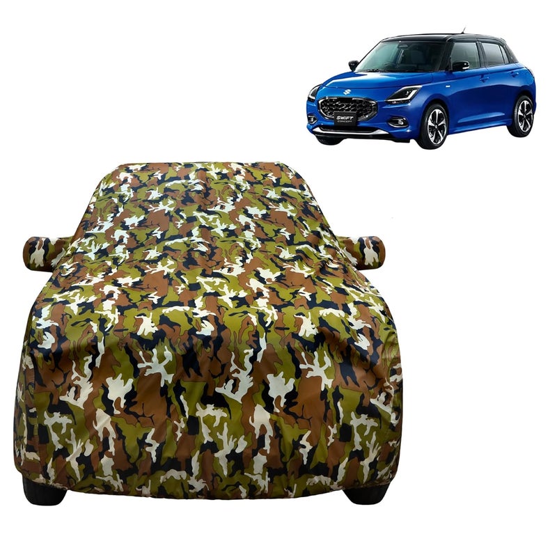 VYAS 100% Waterproof Car Body Cover Compatible for Maruti Suzuki New Swift (2005-2025) with Mirror Pocket Triple Stitched Belt & Buckle Fitting Dual Elastic, Durable Material Jungle Print Design - Image 1
