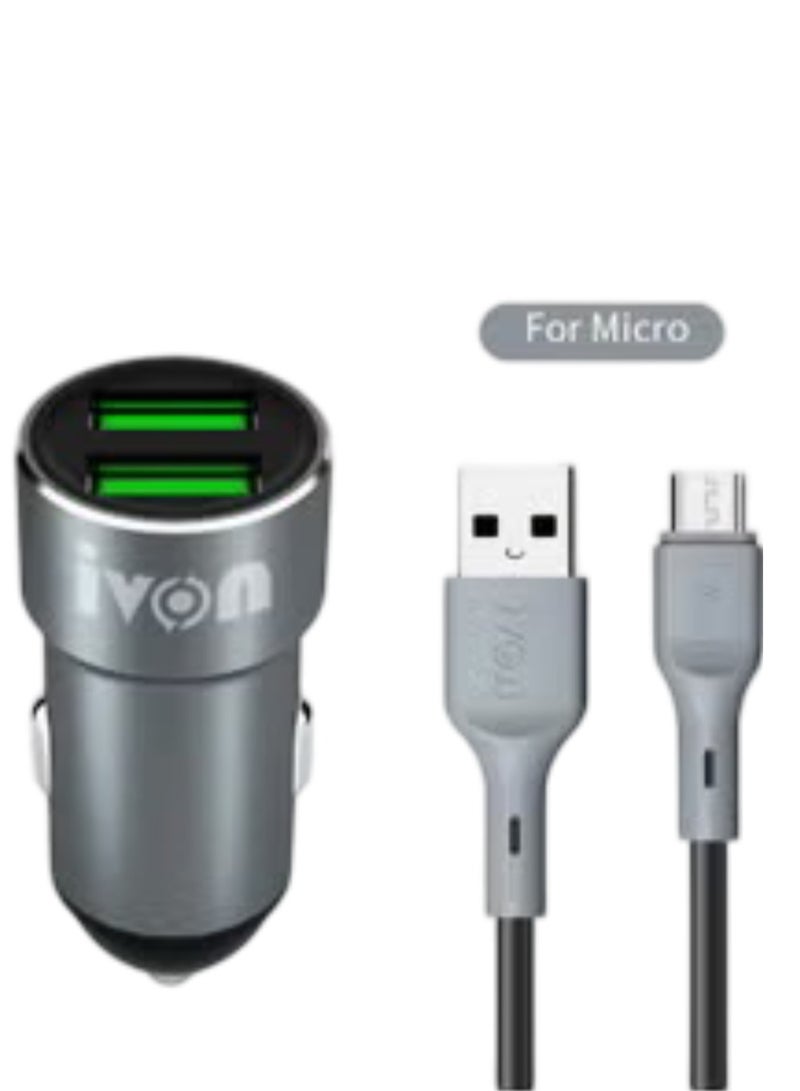 IVON CC38 2.4A Dual USB Car Charger + 1mWith Micro USB Cable Black Charge Data Cable Set - Image 1