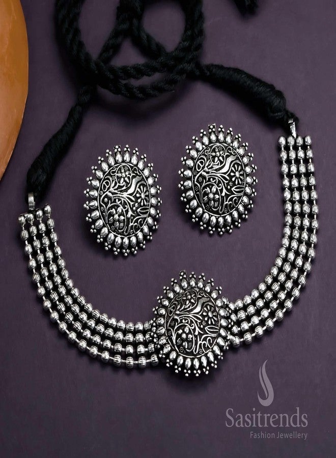 Sasitrends Oxidized German Silver Choker Necklace with Earrings for Women and Girls - Image 3