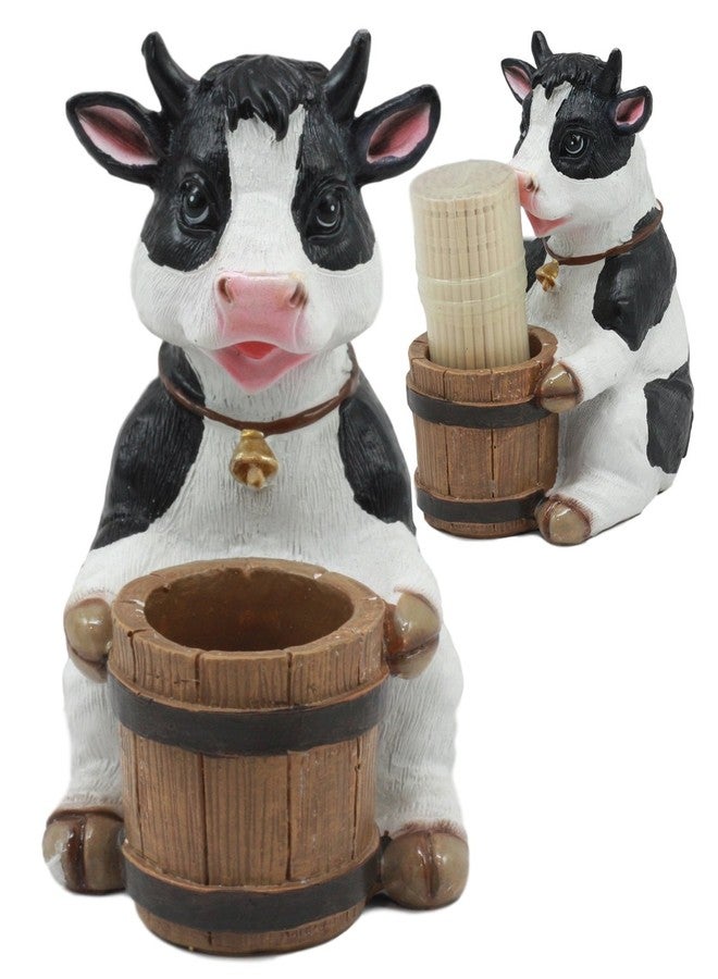 Ebros Gift Ebros Country Farm Bovine Cow With Bell Collar Holding A Wooden Barrel Decorative Toothpick Holder Statue With Toothpicks 4"Tall Starter Kit Cattle Animal Figurine Collectible Kitchen Decor - Image 1