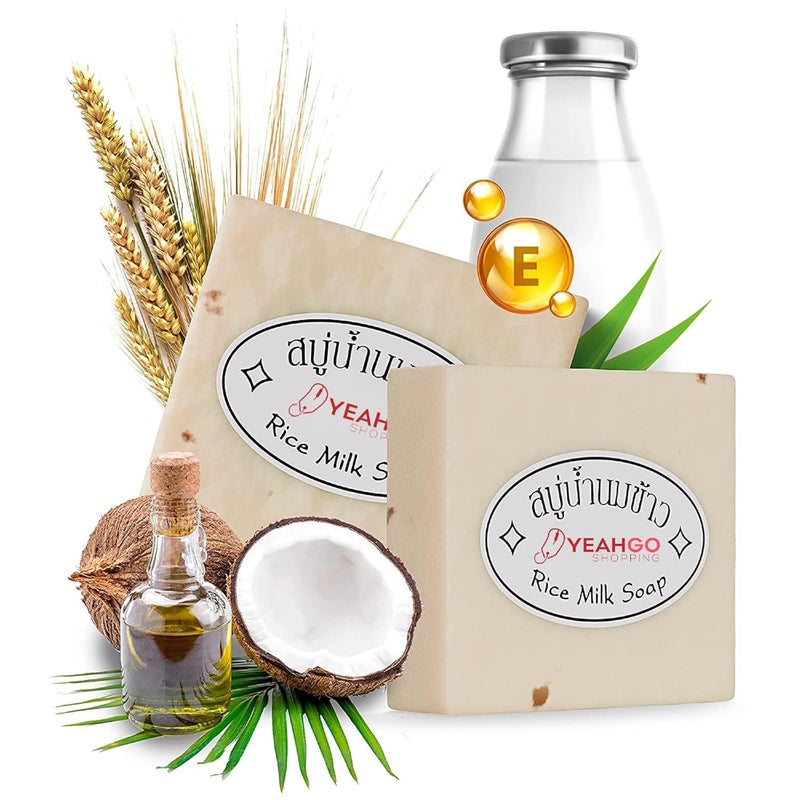 Yeahgoshopping 2 Pcs Original Rice Milk Soap Bar Thailand Jasmine 6065 Grams Handmade Gluta Collagen Douro Jabon Douro Real Fuentes Pourres Grade Moisturizing Organic Made in Thailand 2 Soap Bars - Image 1