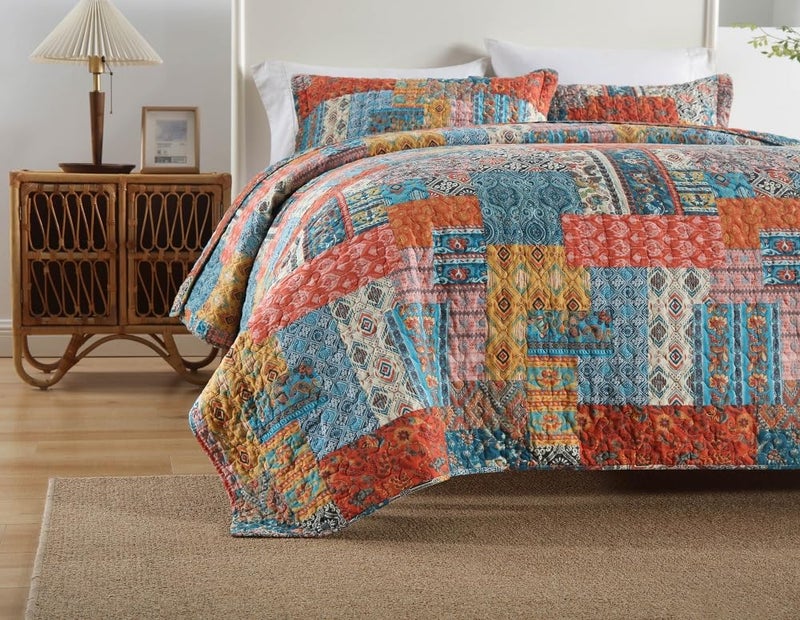VISIMISI Cotton Bedspread Quilt Sets Reversible Coverlet Sets Comforters Vintage Bohemian Patchwork Bedspread,Orange,Queen Size - Image 3