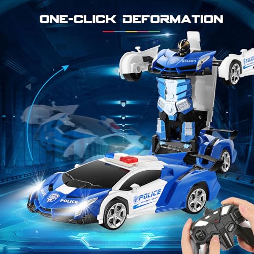 FIGROL Transformable Robot RC Car - 2.4Ghz 1:18 Scale Model Police Car with One Button Deformation - 360 Degree Rotation Drifting for Children - Image 2