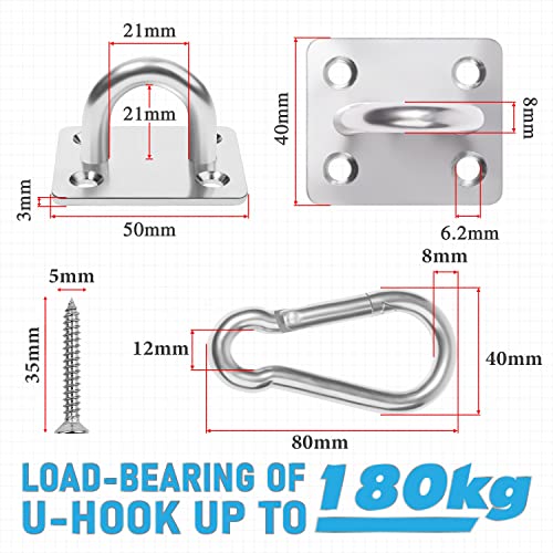 PAMAZY 2PCS M8 Premium Heavy Duty Square Stainless Steel Pad Eye Hook + 2PCS Snap Hooks and 8PCS Screws With 8PCS Plastic Expansion Tube, Ceiling Hook for Outdoor Indoor Activity - Image 3