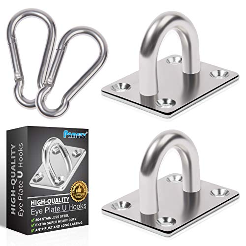 PAMAZY 2PCS M8 Premium Heavy Duty Square Stainless Steel Pad Eye Hook + 2PCS Snap Hooks and 8PCS Screws With 8PCS Plastic Expansion Tube, Ceiling Hook for Outdoor Indoor Activity - Image 1
