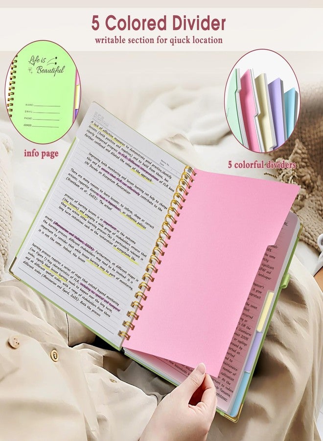 dilitego Hardcover Spiral Notebooks for Work, 5 Subject Notebook College Ruled with Dividers Tabs, Lined Organizer Notebook Journal for women, 8"x10" Large B5 Notebooks for School Note taking, 240 Pages Pink - Image 3