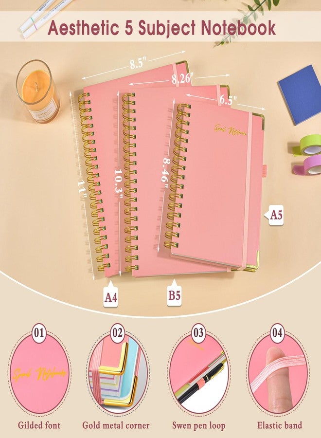 dilitego Hardcover Spiral Notebooks for Work, 5 Subject Notebook College Ruled with Dividers Tabs, Lined Organizer Notebook Journal for women, 8"x10" Large B5 Notebooks for School Note taking, 240 Pages Pink - Image 2
