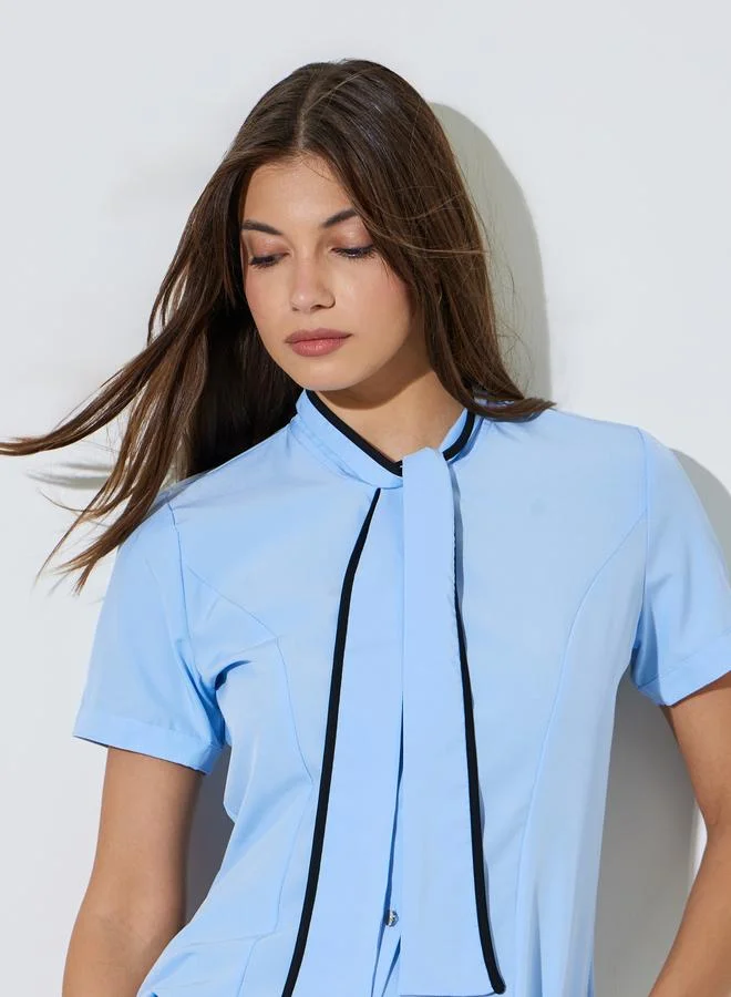 ستايلي Blue Short Sleeve Blouse with Neck-Tie Detail
