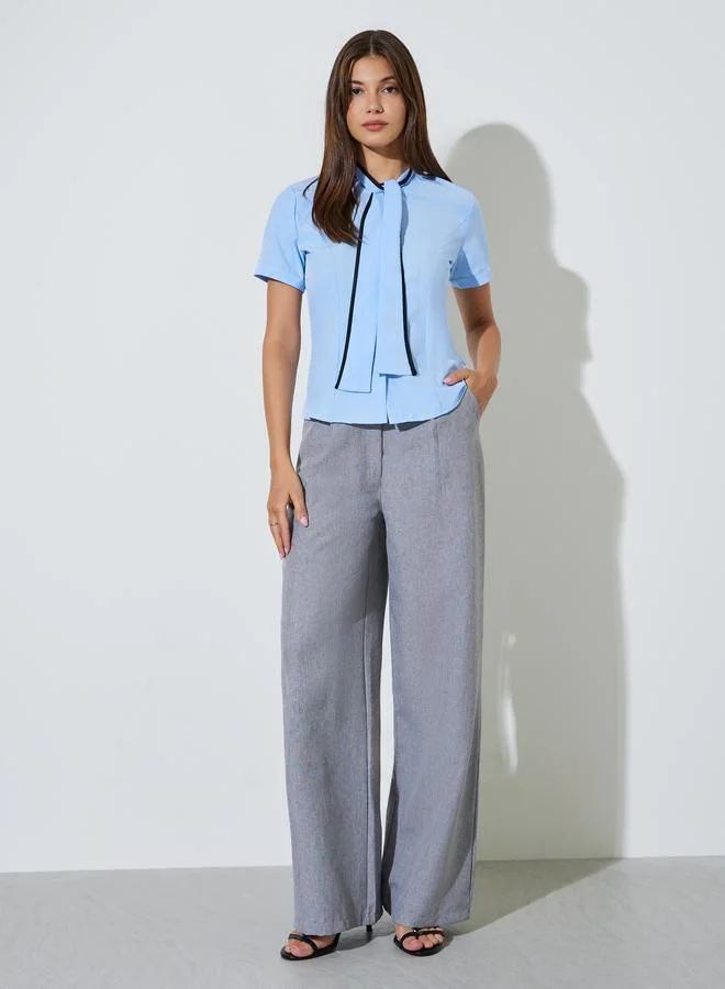 ستايلي Blue Short Sleeve Blouse with Neck-Tie Detail