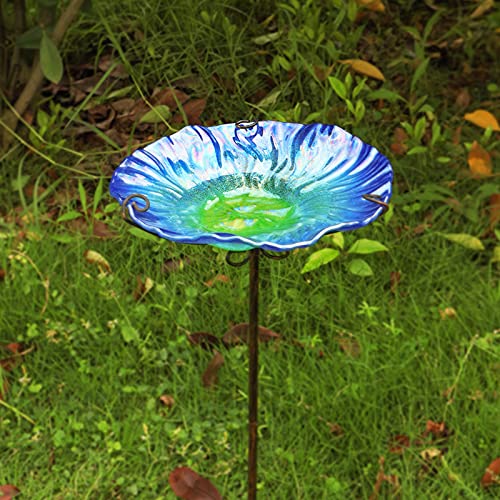 MUMTOP 26 Inch Height Glass Birdbath Birdfeeder with Metal Stake Garden Outdoor Blue - Image 4