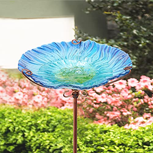 MUMTOP 26 Inch Height Glass Birdbath Birdfeeder with Metal Stake Garden Outdoor Blue - Image 5