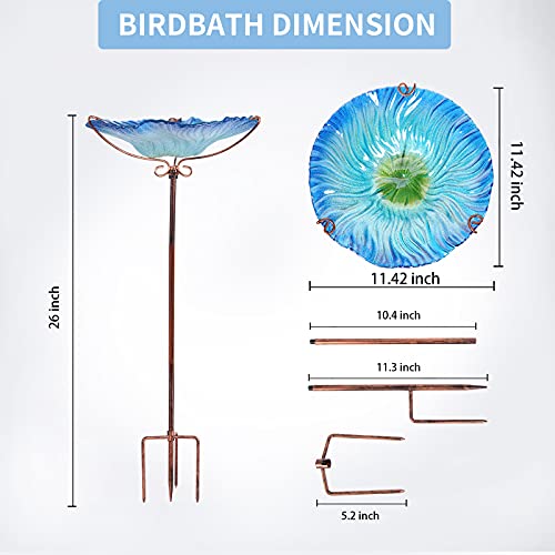 MUMTOP 26 Inch Height Glass Birdbath Birdfeeder with Metal Stake Garden Outdoor Blue - Image 3