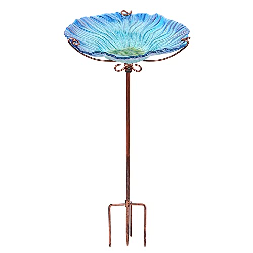 MUMTOP 26 Inch Height Glass Birdbath Birdfeeder with Metal Stake Garden Outdoor Blue - Image 1