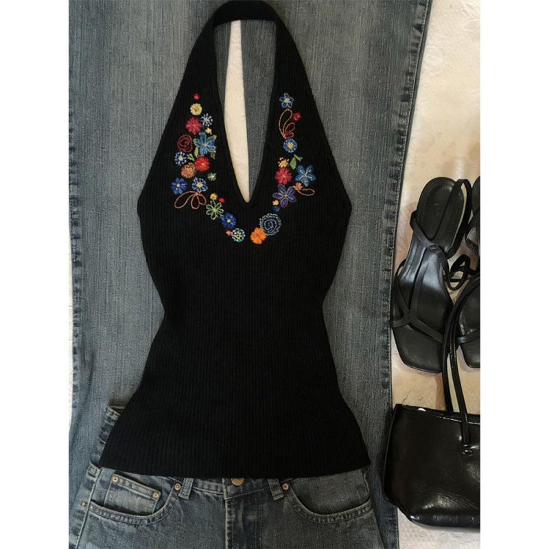 Women's Korean Retro V-Neck Embroidered Sleeveless Halter Tank Top - Image 5