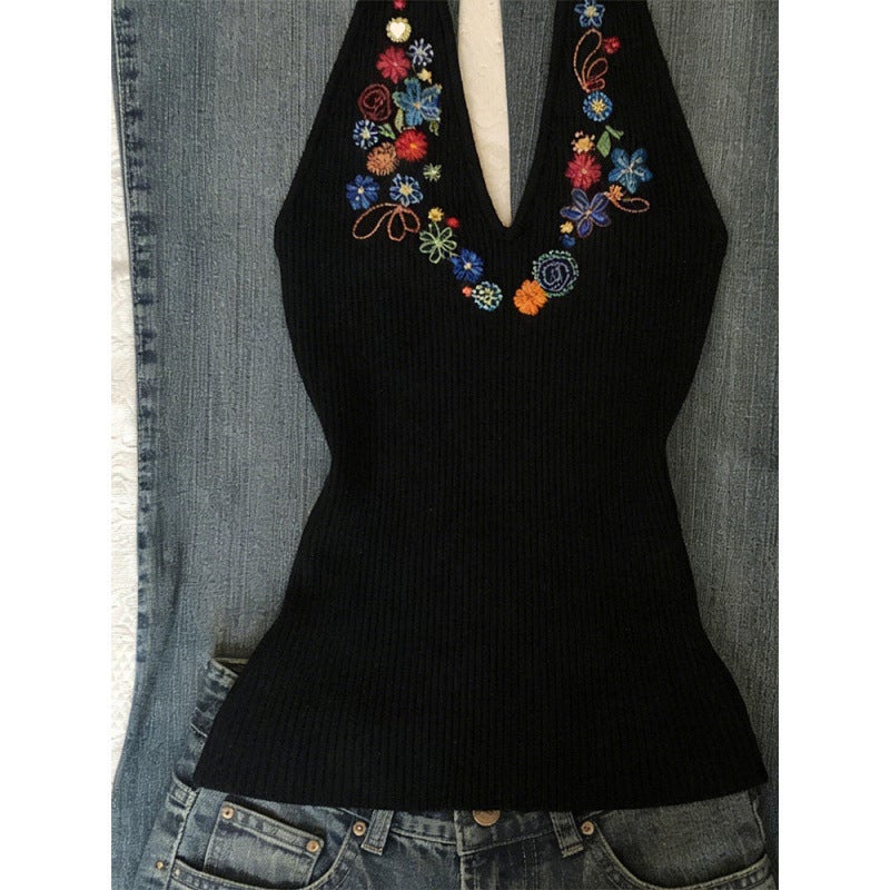 Women's Korean Retro V-Neck Embroidered Sleeveless Halter Tank Top - Image 1