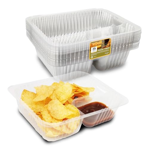 AHKUNMT 25 PC Nacho Trays Disposable, 12oz Plastic Nacho Containers with Chip and Dip Holder, 6x5 In 2 Compartments Clear Snack Trays for Kids,Parties, Movie Night Supplies (Plastic-12oz-25pc) - Image 1