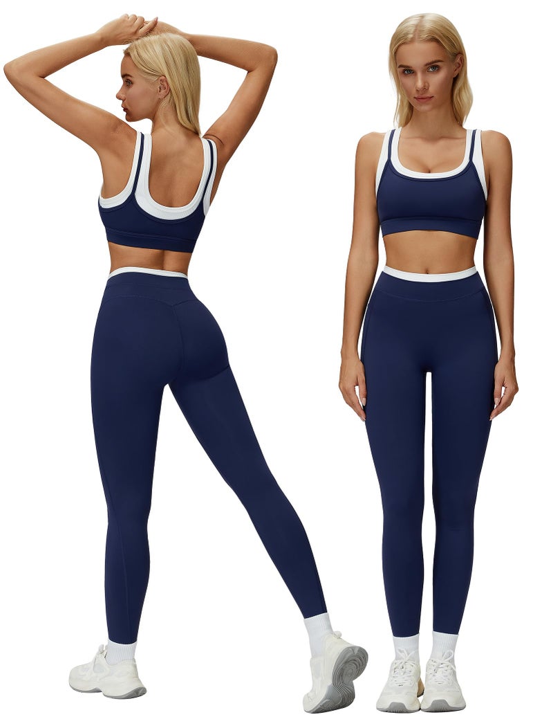 ABOCIW Workout Sets for Women Color Block Layered Sports Bra Matching Tummy Control High Wait Leggings 2 Piece Gym Sets Yoga Pilates Outfits Work Out Clothes Navy Large - Image 2