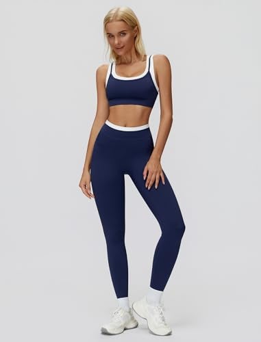 ABOCIW Workout Sets for Women Color Block Layered Sports Bra Matching Tummy Control High Wait Leggings 2 Piece Gym Sets Yoga Pilates Outfits Work Out Clothes Navy Large - Image 3