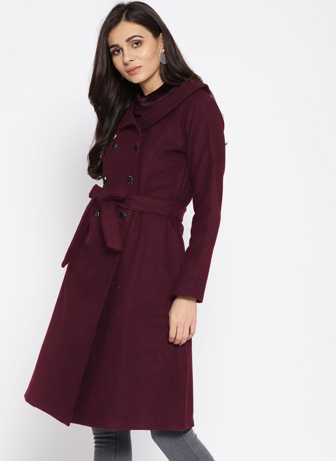 Athena Burgundy Shawl Collar Trench Coat for Women - Image 3