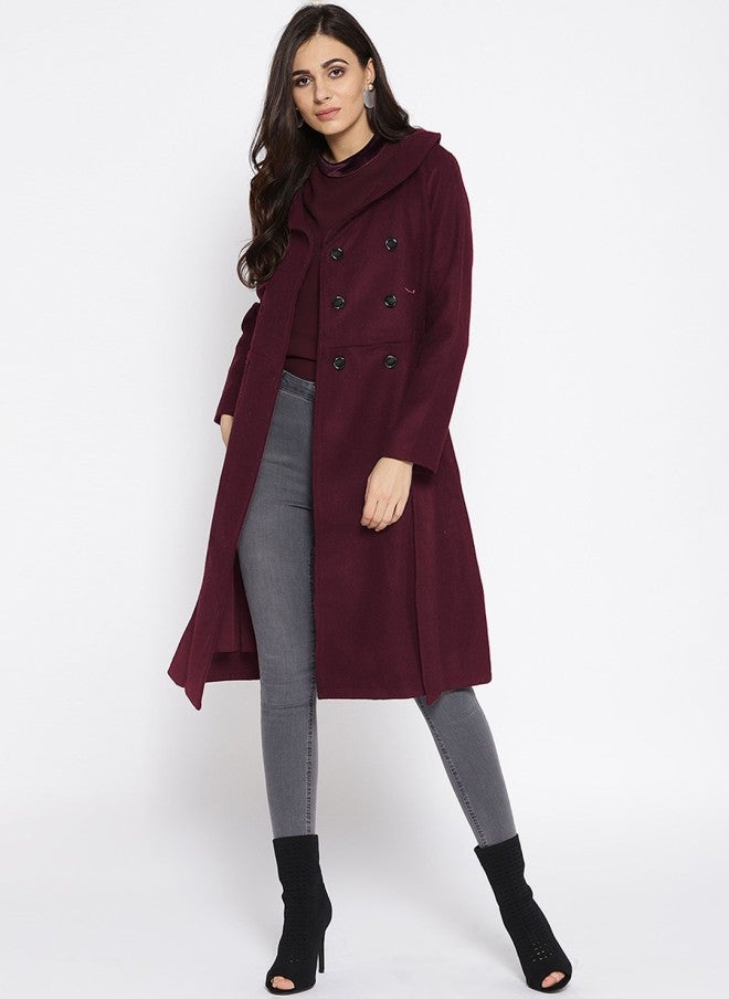 Athena Burgundy Shawl Collar Trench Coat for Women - Image 5