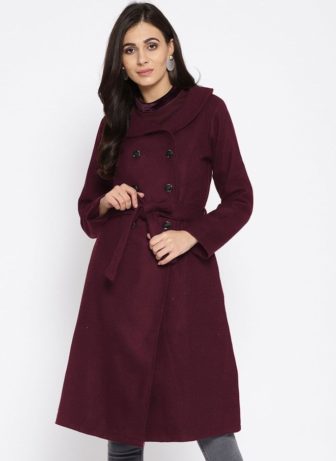 Athena Burgundy Shawl Collar Trench Coat for Women - Image 1