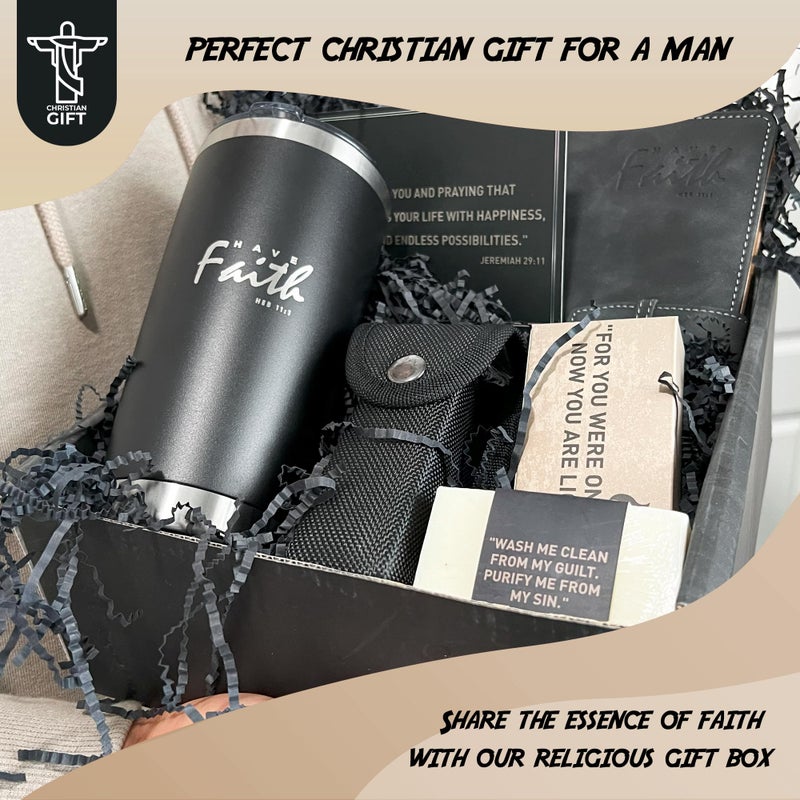 DEHITE Christian Gifts for Men - Religious Gift Basket Inspirational Present - | Insulated Tumbler | Notebook | Multitool Pocket Knife | Fire Starting Kit | - Christmas Gift Birthday Box for Father - Image 2
