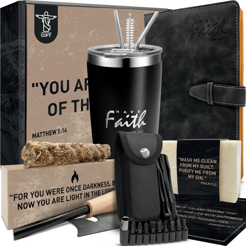 DEHITE Christian Gifts for Men - Religious Gift Basket Inspirational Present - | Insulated Tumbler | Notebook | Multitool Pocket Knife | Fire Starting Kit | - Christmas Gift Birthday Box for Father - Image 1