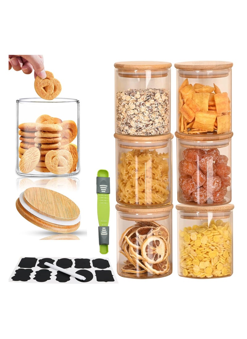 TYCOM Glass Jars Set 8cm*10cm (6 Packs), Food Storage Containers for Kitchen, Spice jars With Labels, Marker and spoons, Wood Lid Round 6p.  - Image 1