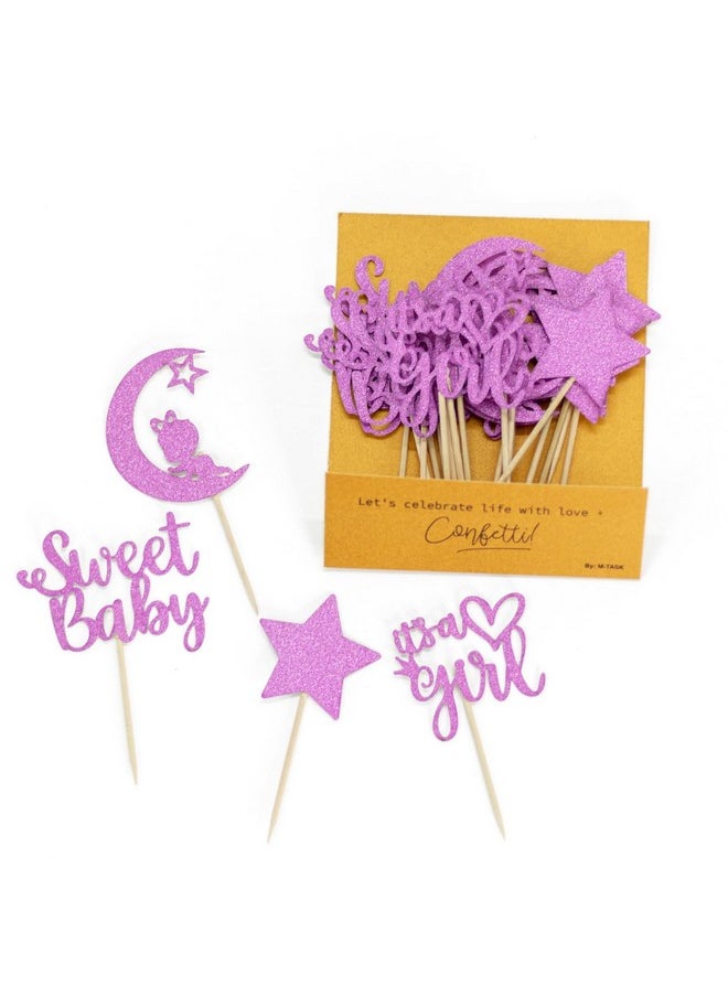 Confetti - Confetti! 24 PCS Baby Shower Girl Cupcake Toppers with Moon Glitter Star Sweet Baby Girl Cupcake Picks Baby Shower Kids Girl Birthday Party Cake Decorations Supplies Pink/Light Purple - Image 1