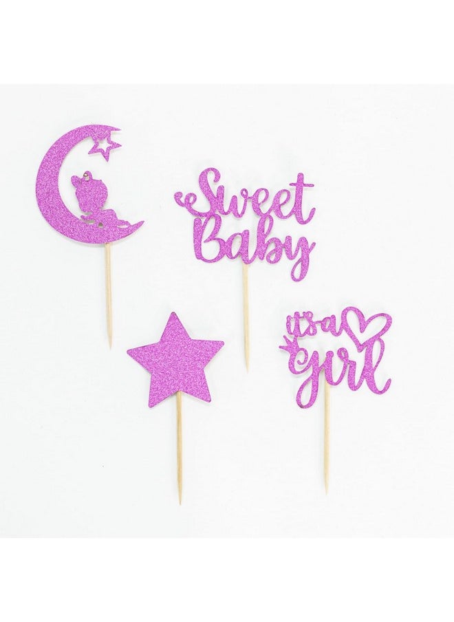 Confetti - Confetti! 24 PCS Baby Shower Girl Cupcake Toppers with Moon Glitter Star Sweet Baby Girl Cupcake Picks Baby Shower Kids Girl Birthday Party Cake Decorations Supplies Pink/Light Purple - Image 1