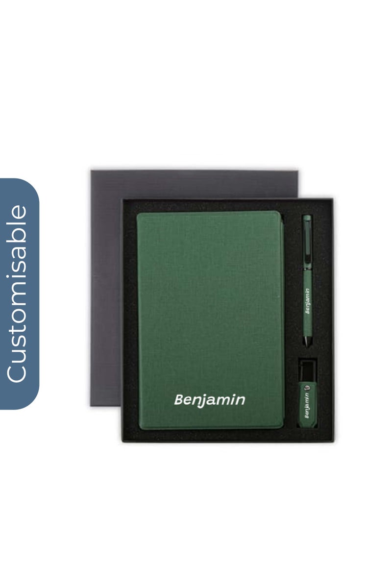SANTHOME Personalised Sustainable Gift Set with Refillable Notebook, Pen & USB Keychain - Green - Image 1